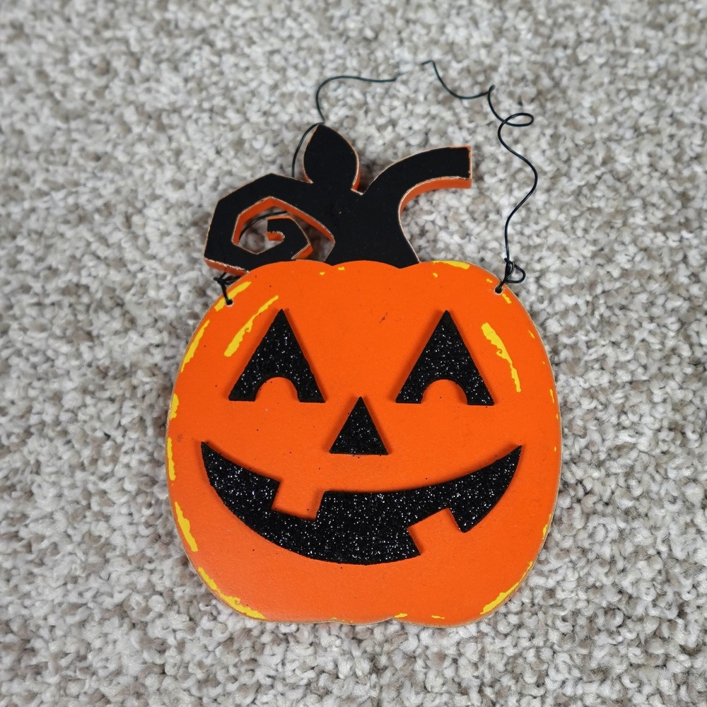 Adams & Co Wood Jack O Lantern Halloween Ornament Orange Black Glitter‎ 58253